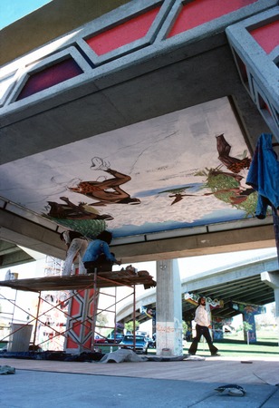 Chicano Park: Kiosko/Tenochtitlan: artist painting gazebo ceiling mural