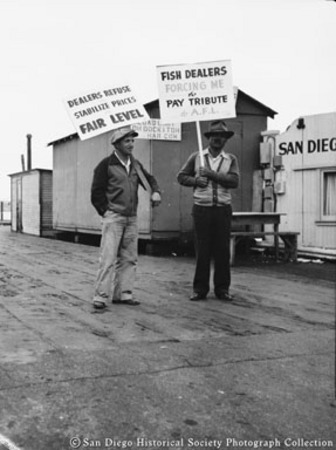 CIO labor union members picketing fish dealers on San Diego waterfront