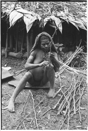 Pregnant woman strips fibrous bark (for making string) from small branches
