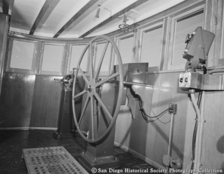 Interior view of pilothouse on tuna boat Katie Lou