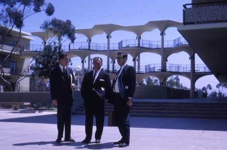 Rev. Fred Coots of La Jolla Methodist Church; also a Jewish layman and Dr. Richard Popkin with geometric breezeway in back...