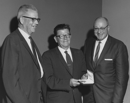 Carl Leavitt Hubbs (center) awarded the Fellows Medal of the California Academy of Sciences with J. Wyatt Durham (left) an...