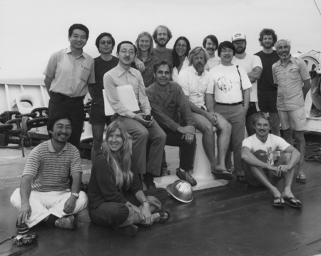 Scientific staff on board the D/V Glomar Challenger (ship) during Leg 87B of the Deep Sea Drilling Project. 1979.