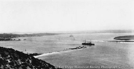Bird&#39;s-eye view of USS California entering San Diego Bay