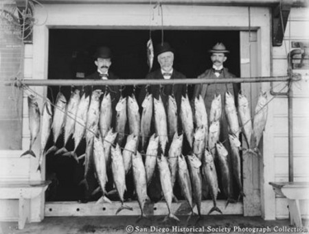 Three men posing with catch of fish