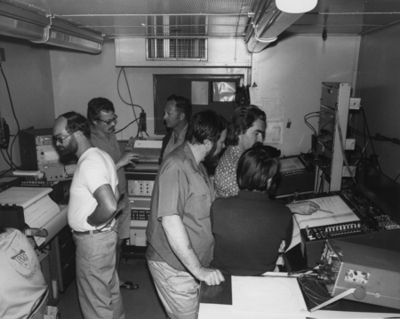Scientists and technicians gather in the Geophysical Laboratory aboard the D/V Glomar Challenger (ship) during Leg 51 of I...