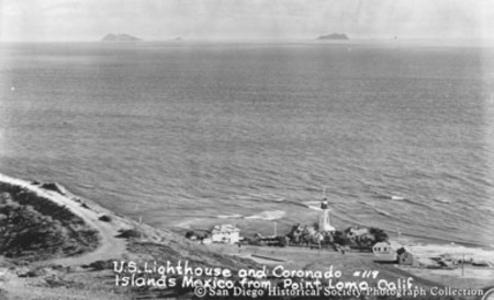 U.S. lighthouse and Coronado Islands, Mexico, from Point Loma, Calif.
