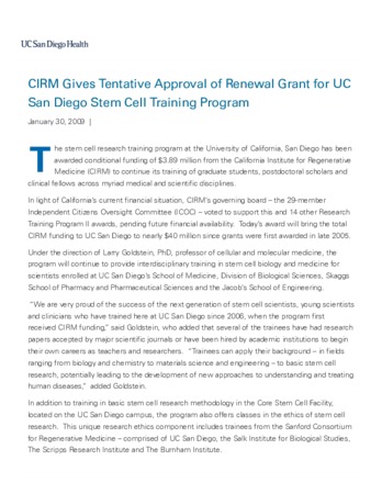 CIRM Gives Tentative Approval of Renewal Grant for UC San Diego Stem