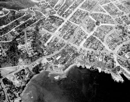 Aerial view of coastline and houses, La Jolla