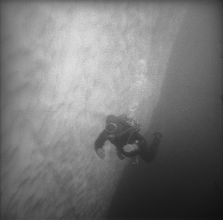 Diver along an iceberg wall