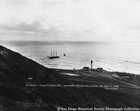 Schooner Alice McDonald wrecked off Point Loma [California] Dec. 31, 1909