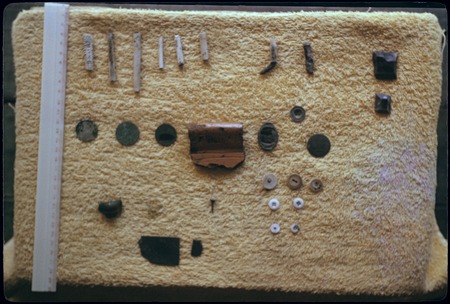 Coins, buttons, ceramic fragments and other artifacts from archaeology dig, Society Islands