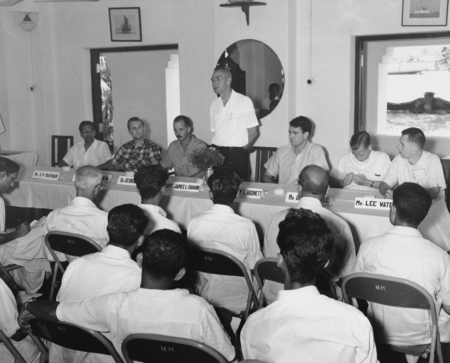 Captain James L. Faughn addressing press conference in Cochin, India, during Lusiad Expedition. September 28, 1962