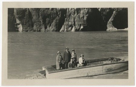 Fletchers and others in a boat in Black Canyon, near the Boulder damsite