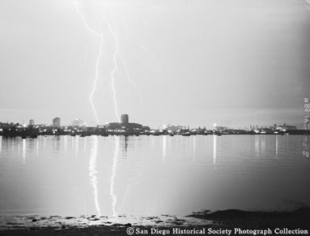 Lightning over San Diego Bay and city