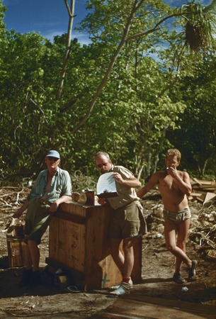 Martin Johnson, Jeff Holter and unidentified man at camp