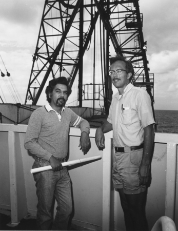 Aboard the D/V Glomar Challenger (ship) is Bilal Haq (left) of Woods Hole Oceanographic Institution, Massachusetts, and Ro...