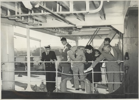 Claude M. Adams showing General Matthew Ridgeway and Mrs. Ridgeway around a Japanese whaling ship. Japan, c1947