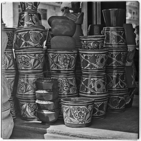 Stacks of painted pots