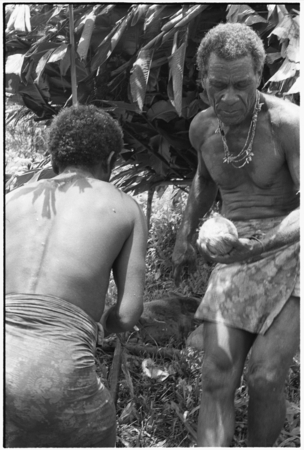 Larikeni emerges with husked coconut.