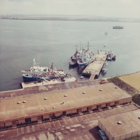 Aerial view of the Chester W. Nimitz Marine Facility and Scripps Institution of Oceanography fleet, Point Loma, San Diego,...