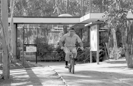 Paul D. Saltman riding bicycle, Revelle College, UC San Diego