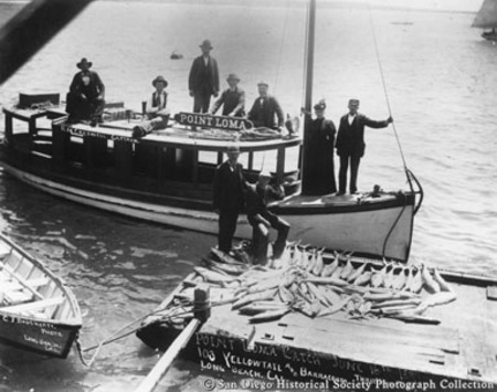 R.M. Creswell captain [of] Point Loma [and others posing with] catch, June 16, 1897, 103 yellowtail and barracouda [sic]. ...