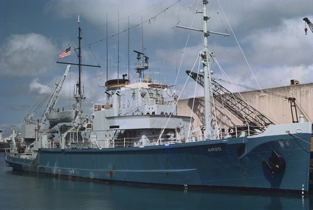 Research ship R/V Argo moored in Pago Pago Harbor. In 1962-63 The Argo established the world&#39;s record for distance travele...
