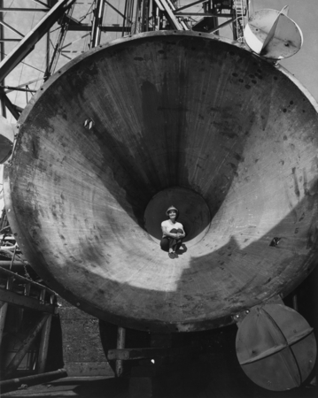 New re-entry cone, 14 feet in diameter with three sonar reflectors spaced at equal intervals around the top on aboard the ...