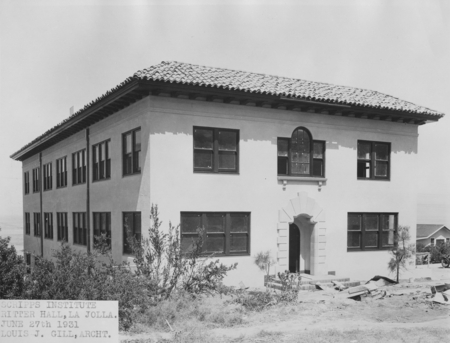 Ritter Hall at Scripps Institution of Oceanography, east front view, south elevation. Building architect was Louis J. Gill...