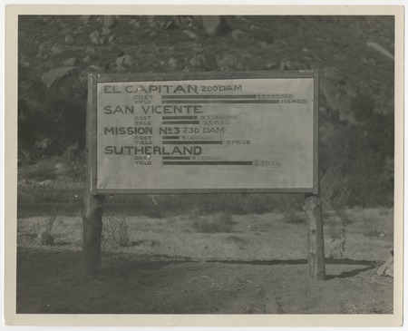 Sign comparing costs and yields among San Diego County dams and reservoirs