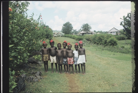 Group portrait, boys wearing hibiscus flower on their head