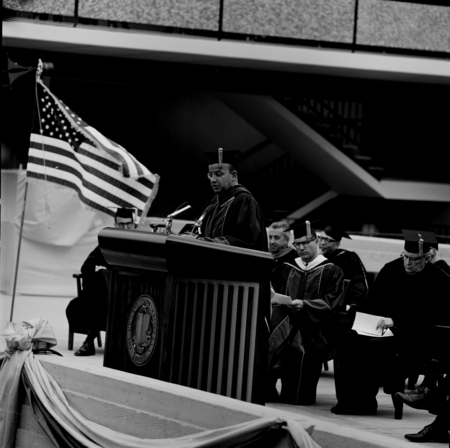 Clark Kerr (at podium) during installation of John S. Galbraith as Chancellor, UC San Diego