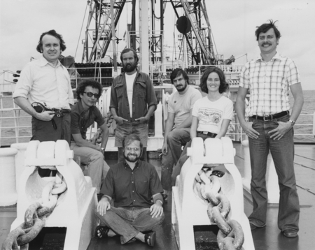 Group of scientists aboard the D/V Glomar Challenger (ship) after having spent a two-week delay in Guayquil, Ecuador. Left...