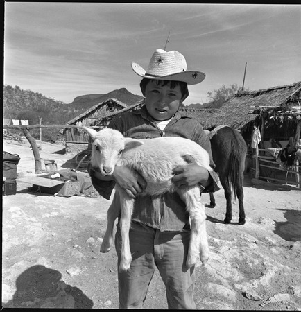 Young boy carrying goat at Rancho Represito