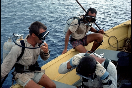 Scuba divers about to plunge into the sea during the Carmarsel Expedition
