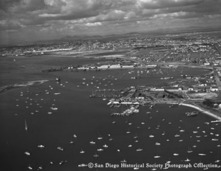 Aerial view of San Diego Yacht Club and waterfront on north end of San Diego Bay