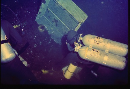 Chuck Galt (left) and Paul Dayton (right) working with exclusion cage, during Paul Dayton&#39;s benthic ecology research proje...