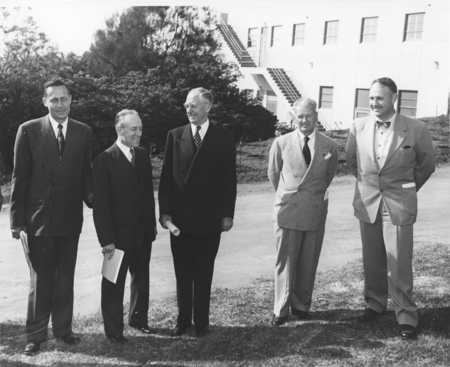 Roger Revelle, Detlev W. Bronk, Robert Gordon Sproul, Leo Hermle, and Denis L. Fox at dedication of Thomas Wayland Vaughan...