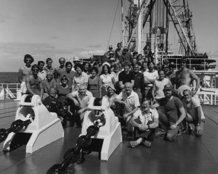 Scientific team, technicians, and other crew members aboard D/V Glomar Challenger (ship) for Leg 82 of the Deep Sea Drilli...