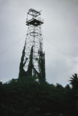 Crew members of the Capricorn Expedition (1952-1953) while on break find and photograph this observation tower on Bikini I...