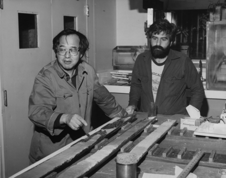 Scientists Ken Hsu and John LaBrecque discuss the core recovery from the Deep Sea Drilling Project. 1980.