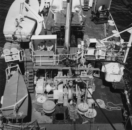 R/V Spencer F. Baird &quot;on station.&quot; Main winch, control booth and boat deck, viewed from top of 30 foot A frame