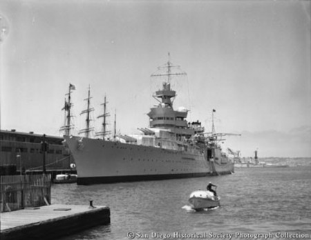 USS Indianapolis docked at pier in San Diego harbor