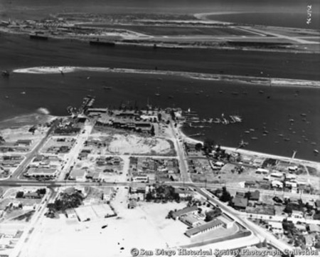 Aerial view of entrance to San Diego Bay showing yacht club and basin