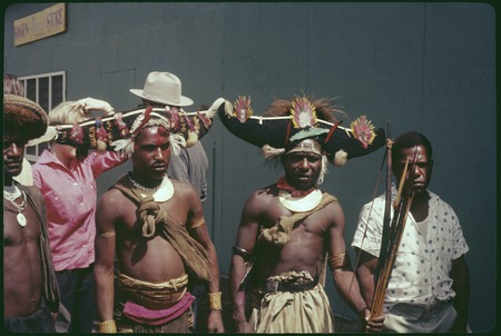 Mount Hagen show: men in traditional wigs and other finery