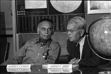 Harold C. Urey and Albert E.J. Engel, moon rock research press conference, UC San Diego