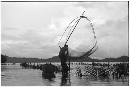 Man fishing at Sinalagu Harbour fishing weir with square net.