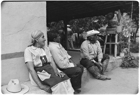 Joséfa and Loreto Arce with Tacho Arce on the porch at Rancho San Gregorio
