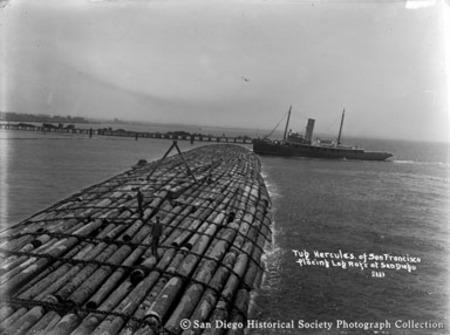 Tug Hercules of San Francisco placing log raft at San Diego